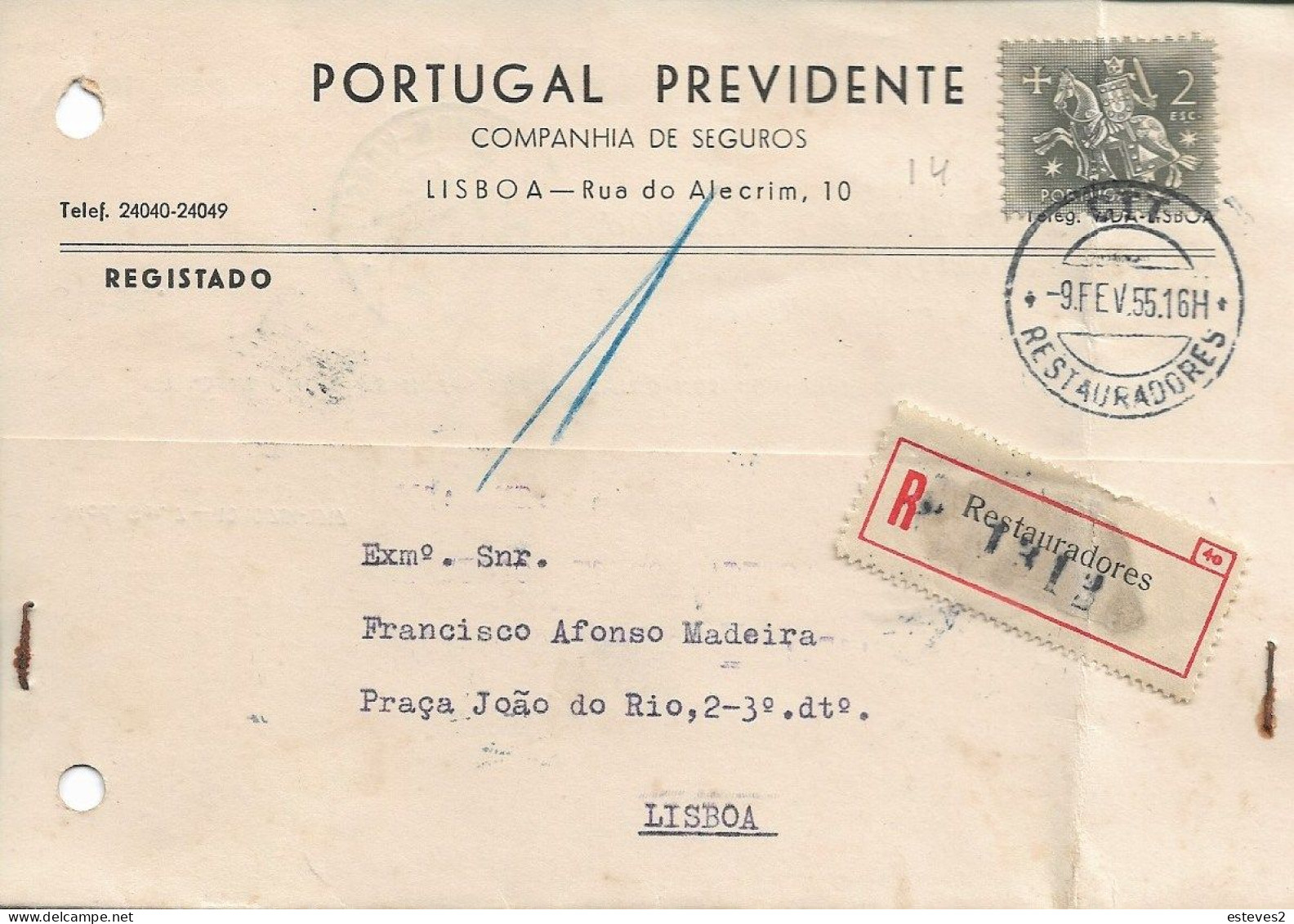 Portugal 1955 , SEGUROS PORTUGAL PREVIDENTE , Insurance Commercial Mail , Restauradores + Lisboa Norte Postmark - Poststempel (Marcophilie)