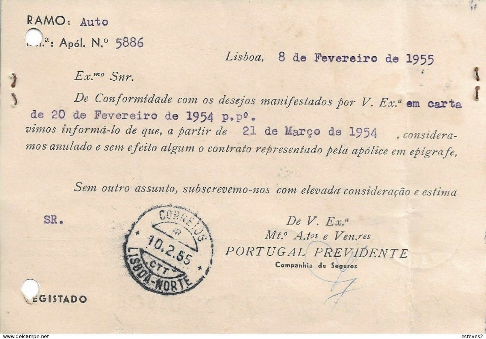 Portugal 1955 , SEGUROS PORTUGAL PREVIDENTE , Insurance Commercial Mail , Restauradores + Lisboa Norte Postmark - Postmark Collection