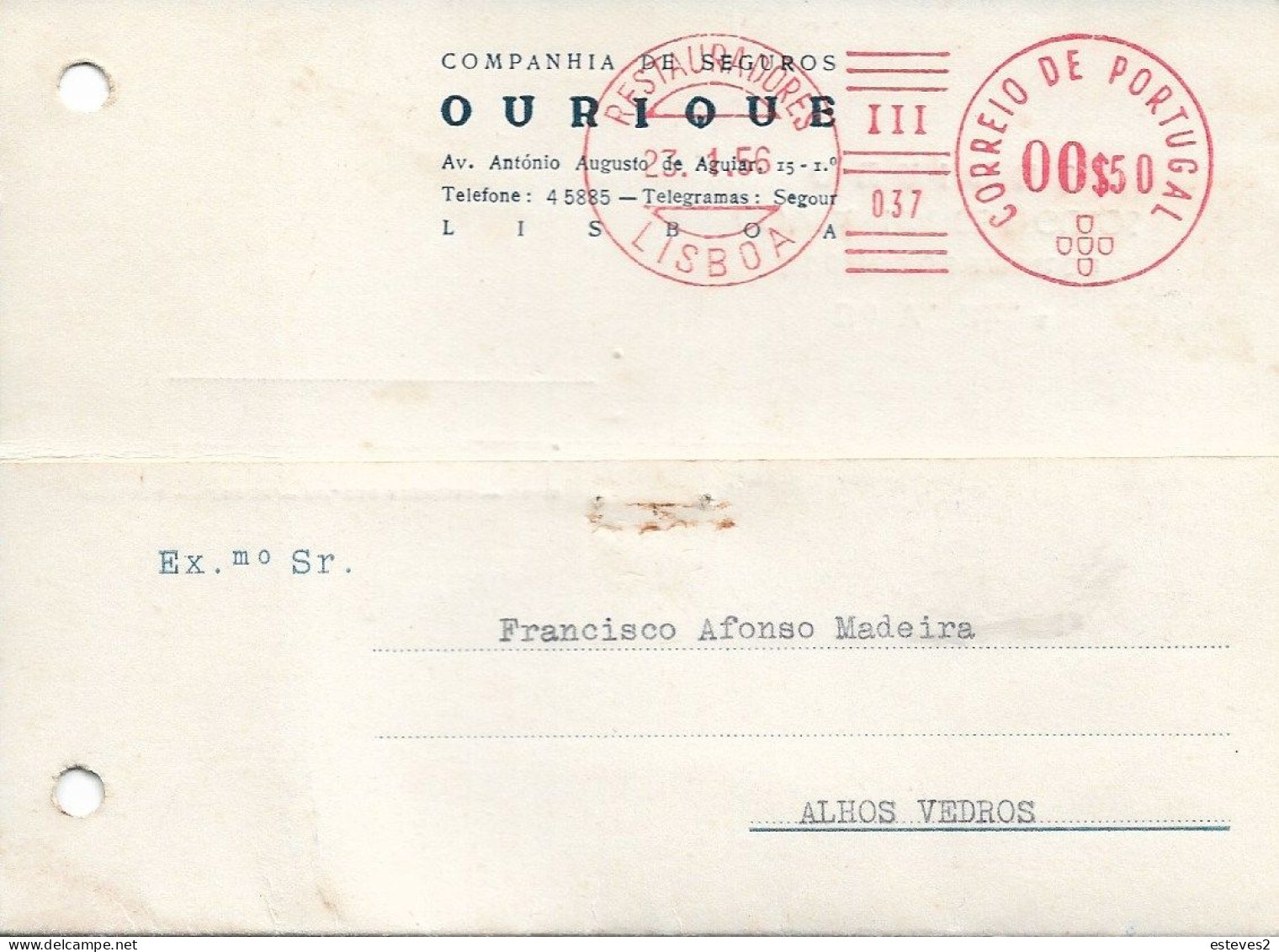 Portugal 1956 , SEGUROS PORTUGAL OURIQUE , Insurance Commercial Mail , Restauradores Mechanical Postmark - Poststempel (Marcophilie)