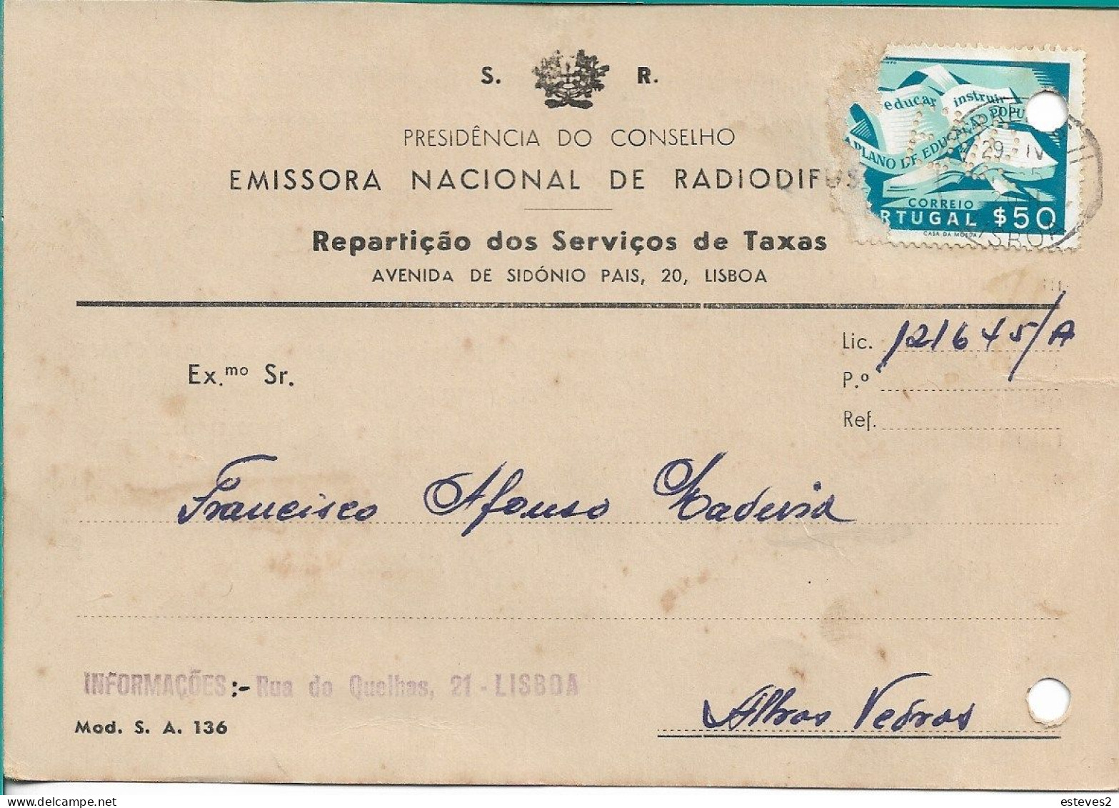 Portugal 1955 , EMISSORA NACIONAL , RADIO Commercial Mail , Perfin E.N.R. Over Damage Stamp - Portogallo