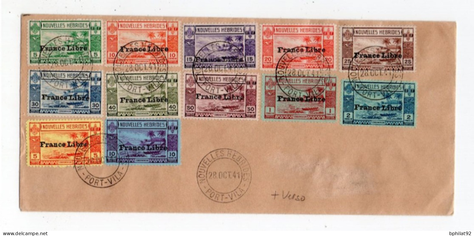 !!! NOUVELLES HEBRIDES, SERIE N°124/135 ET TAXES N°21/25 SUR LETTRE PHILATELIQUE, CACHETS DE PORT VILA DE 1941 - Cartas & Documentos