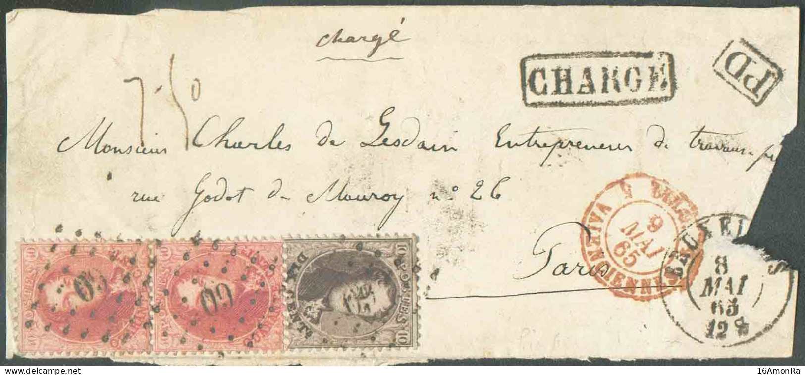 N°14(2)-16 - Médaillons 10 Centimes Brun Et Centimes Carmin-rose ( Paire Verticale) Obl. LP.60 Sur Devant De Lettre De B - 1863-1864 Medallions (13/16)