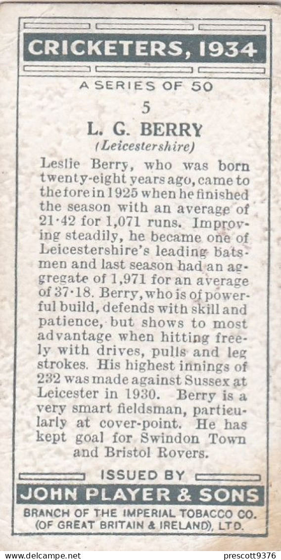 Cricketers 1934  - Players Cigarette Card - 5 Leslie Berry Leicestershire - Player's