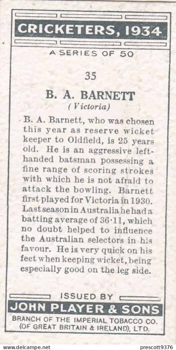 Cricketers 1934  - Players Cigarette Card - 35 BA Barnett, Victoria - Player's