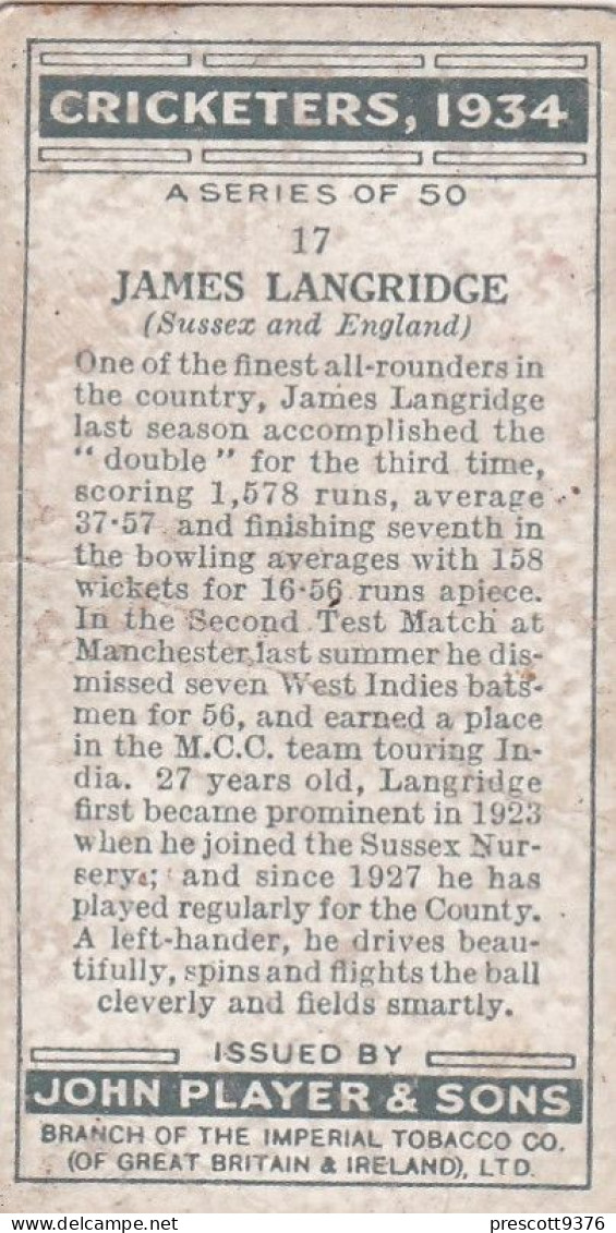 Cricketers 1934  - Players Cigarette Card - 17 James Langridge, Sussex - Player's