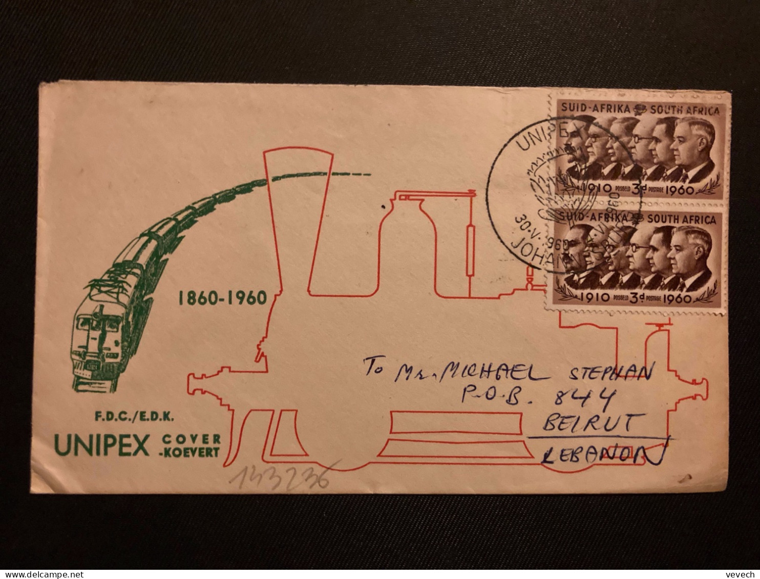 LETTRE Pour Le LIBAN TP 3d Paire OBL.30 V 1960 JOHANNESBURG + UNIPEX - Storia Postale