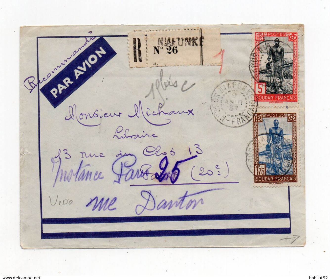 !!! AOF, LETTRE RECOMMANDEE PAR AVION DE NIAFUNKE - SOUDAN - DE 1937 POUR PARIS, AFFRANCH RECTO VERSO - Covers & Documents