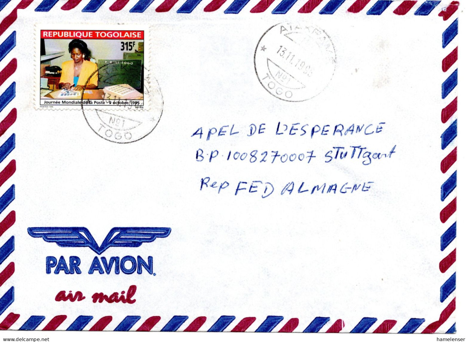 72668 - Togo - 1995 - 315F Welttag Der Post EF A LpBf ATAKPAME -> Deutschland - UPU (Unión Postal Universal)
