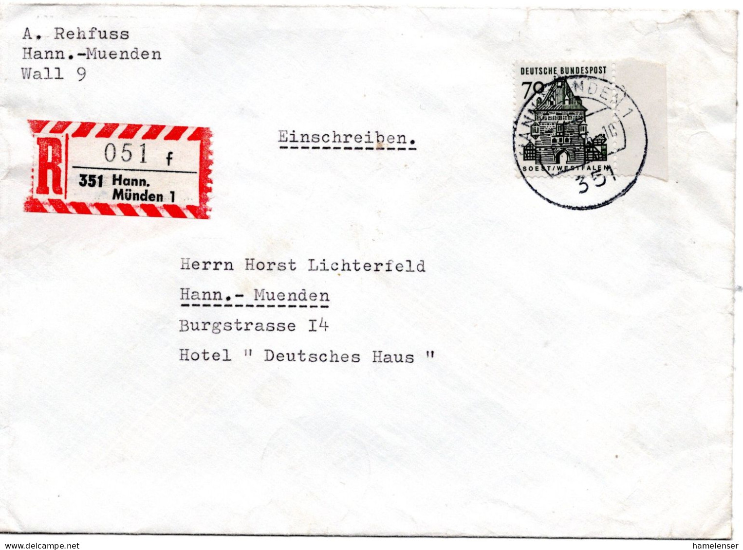72670 - Bund - 1966 - 70Pfg Kl Bauten Re Bogenrand EF A Orts-R-Bf HANN MUENDEN - Lettres & Documents
