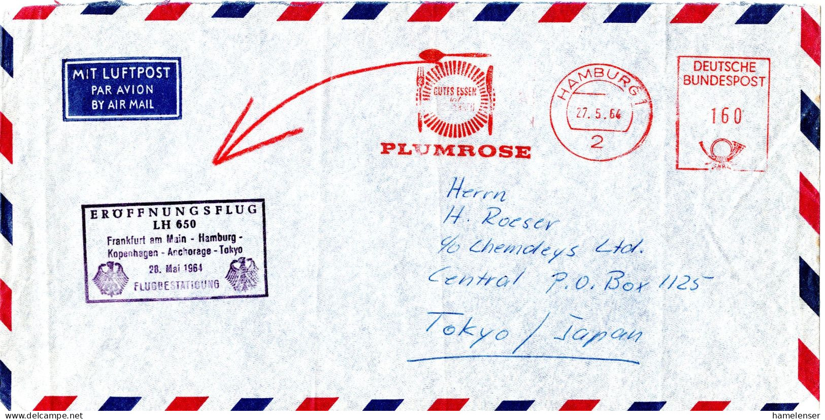 L72675 - Bund - 1964 - 160Pfg AbsFreistpl "Plumrose" A LpBf (etw Buegig) HAMBURG -> Japan, M Flugbestaetigungsstpl LH650 - Brieven En Documenten