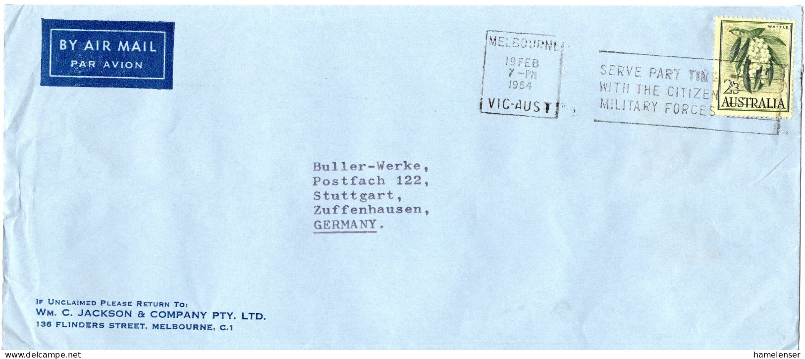 L72677 - Australien - 1964 - 2'3 Akazie EF A LpBf MELBOURNE - ... CITIZEN MILITARY FORCES -> Westdeutschland - Lettres & Documents