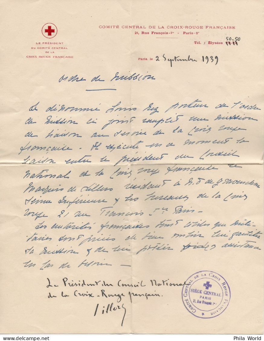 WW2 - CROIX ROUGE 1939 Ordre De Mission Président Comité Central Cachet Siège PARIS RED CROSS FRANCE - Rotes Kreuz