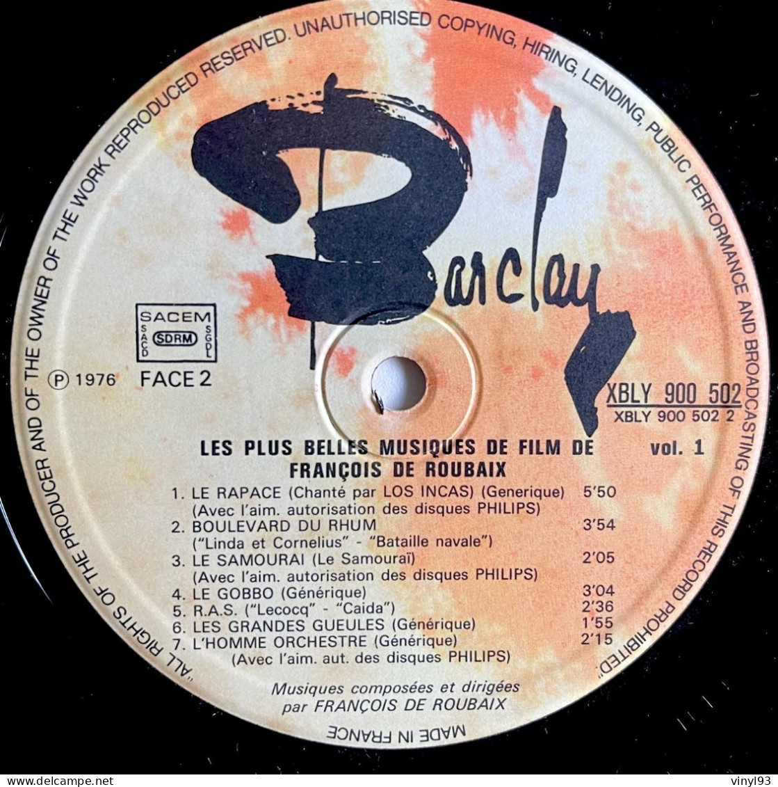 1976 - LP  33T - Les Plus Belles Musiques De Films De François De Roubaix - Vol.1 - Barclay 900 502 - Filmmuziek