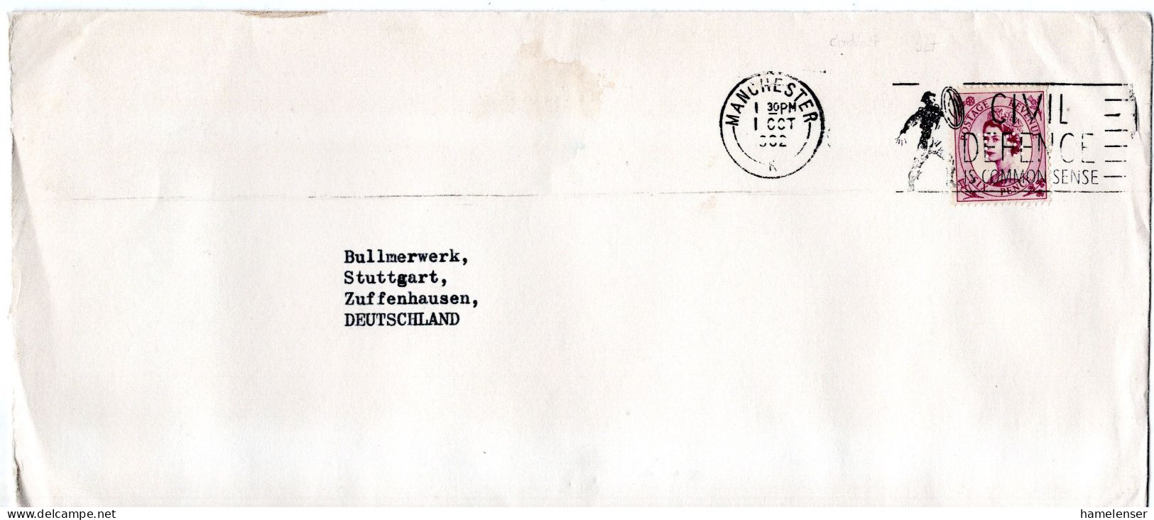L72682 - Grossbritannien - 1962 - 6d Wilding (perfin "TS") EF A Bf MANCHESTER - CIVIL DEFENCE ... -> Westdeutschland - Covers & Documents