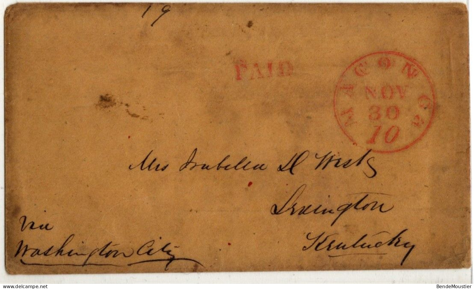 (N101) USA Cover - Red Postal Markings " Paid"  Nacon (Ga) Nov 30 10 - Via Washington City - Lexington Kentucky - …-1845 Préphilatélie