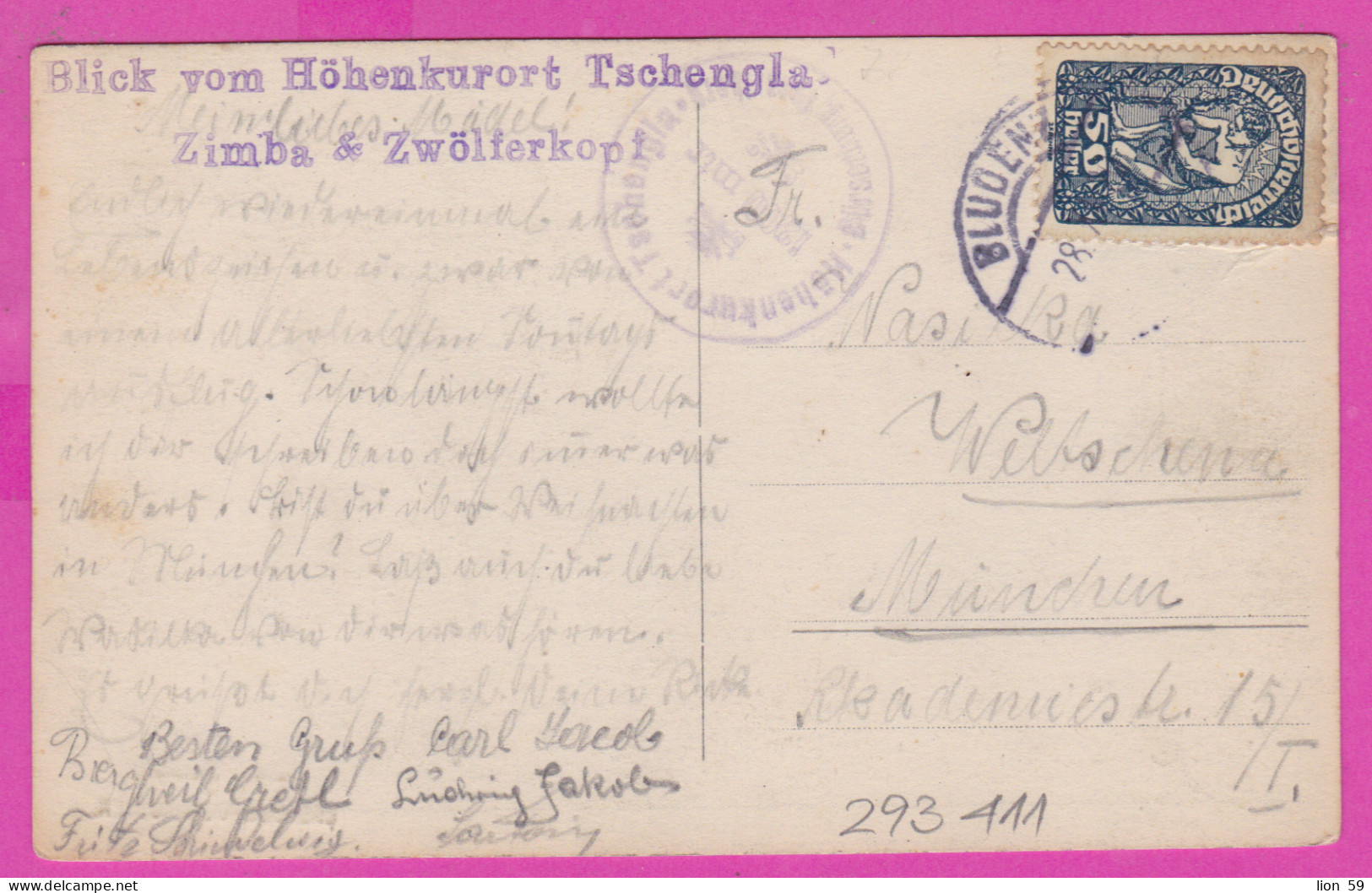 293411 / Austria Gasthaus Pension Mondspitze PC USED Bludenz 1920 - 50H Daily Stamps Blick Vom Höhenkurort Tschengla - Bludenz