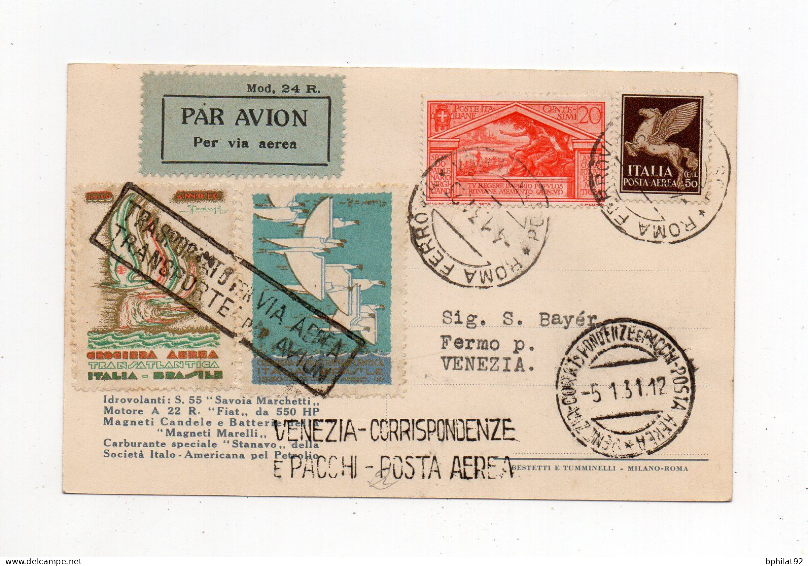 !!! ITALIE, VIGNETTES DE LA CROISIERE AERIENNE TRANSATLANTIQUE SUR CARTE PAR AVION DE ROME POUR VENISE - Marcophilie (Avions)