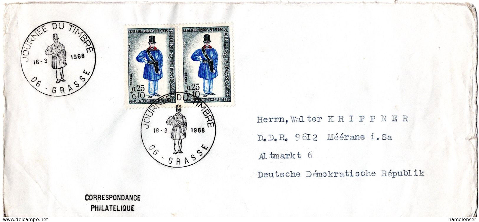 L72685 - Frankreich - 1968 - 2@0,25F Tag Der Briefmarke '68 A Bf SoStpl GRASSE - JOURNEE DU TIMBRE -> DDR - Tag Der Briefmarke