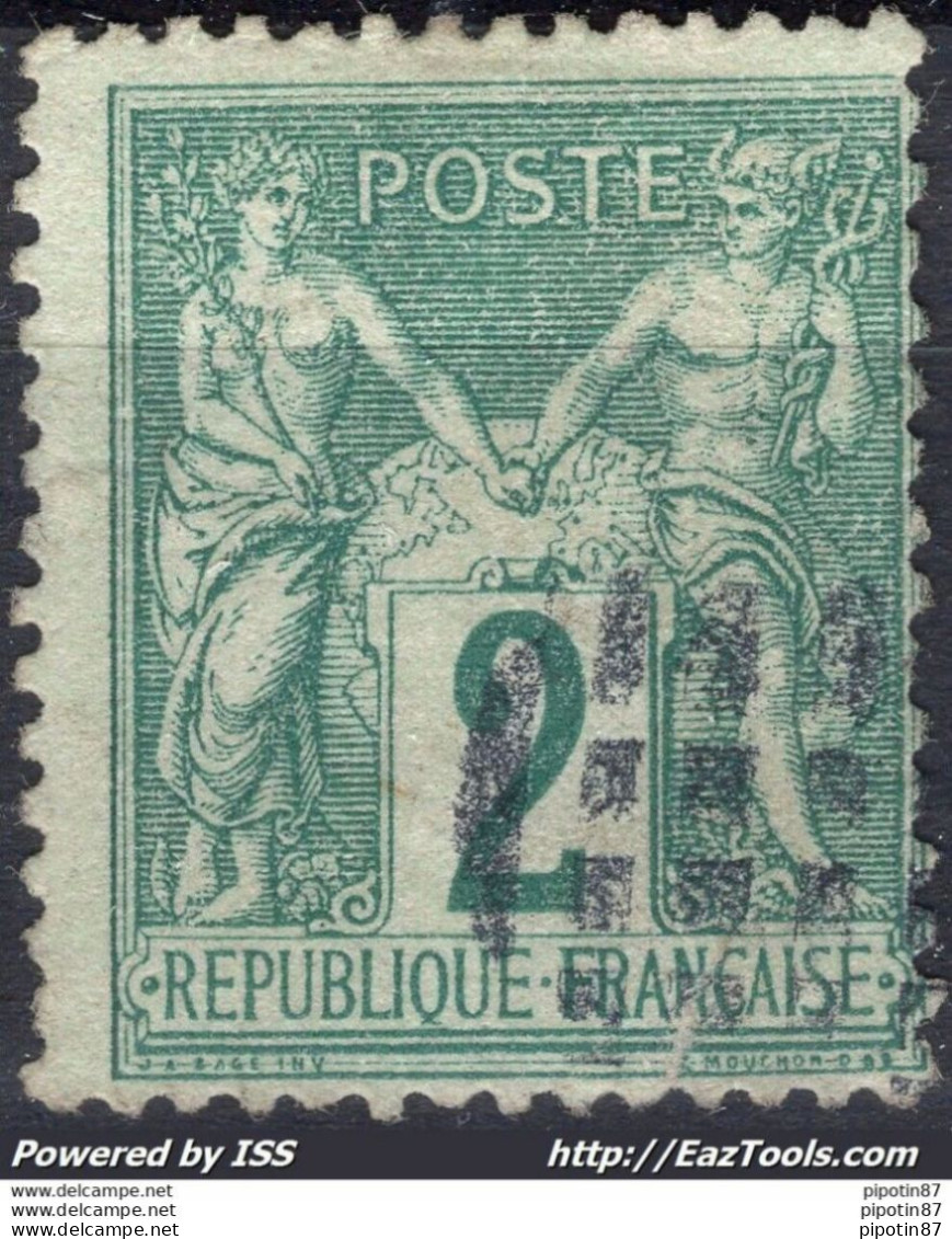 FRANCE TYPE SAGE 2c VERT N SOUS U N° 74 CACHET JOUR DE L'AN ROULETTE DE GROS POINTS - 1876-1898 Sage (Type II)