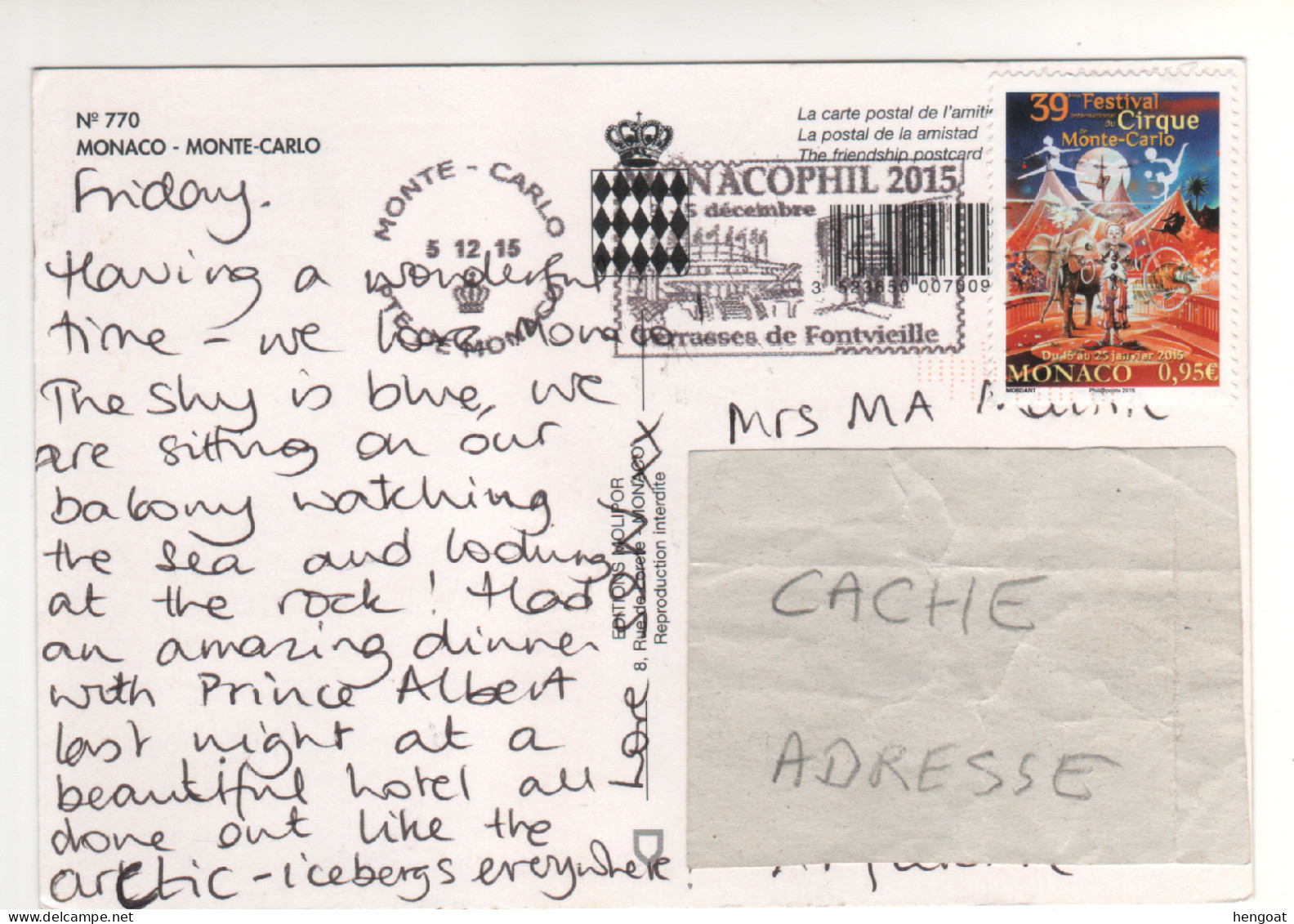 Timbre , Stamp " 39 E Festival Du Cirque Monte Carlo " Sur CP , Carte , Postcard Du 05/12/2015 - Storia Postale