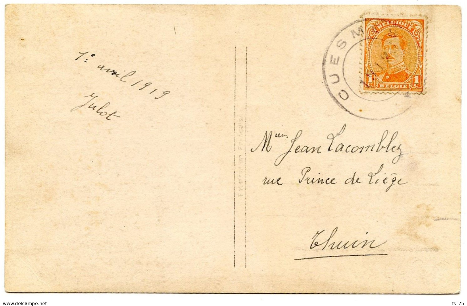 BELGIQUE - COB 135 CACHET CAOUTCHOUC CUESMES SUR CARTE POSTALE, 1919 - Briefe U. Dokumente