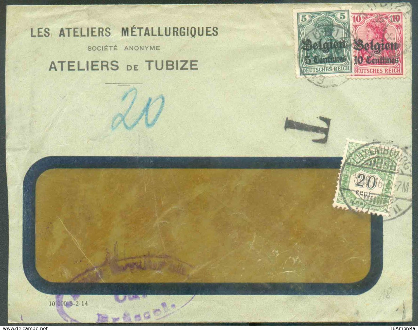 BELGIEN OC N°2/3 Obl. Sc TUBIZE Sur Lettre Du 7-IX-1916 + Censure De Bruxelles Vers Le Grand-Duché De Luxembourg Et Taxé - Postage Due