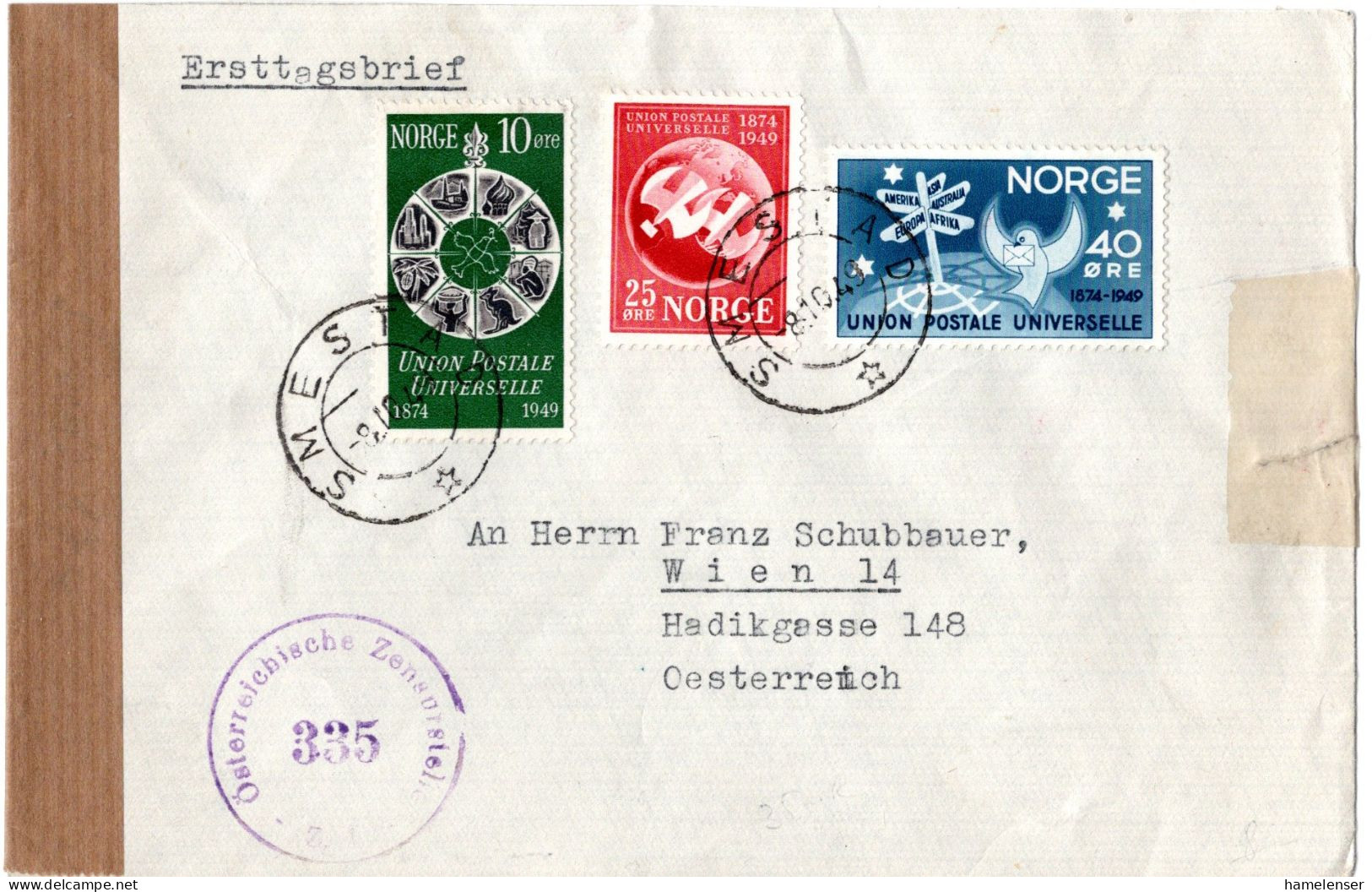 72690 - Norwegen - 1949 - 40o UPU MiF A Bf (kl Mgl Re) SEMESTAD -> Oesterreich, M Oesterr Zensur - WPV (Weltpostverein)