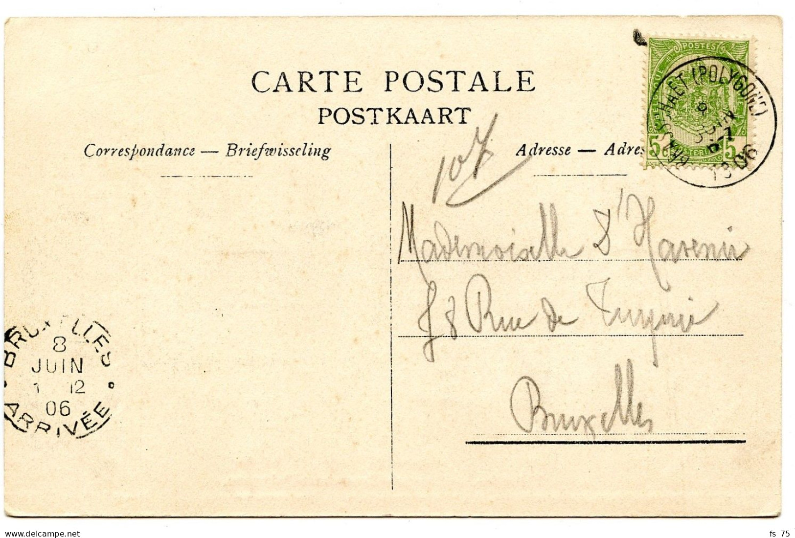 BELGIQUE -  COB 56 SIMPLE CERCLE BRASSCHAET (POLYGONE) SUR CARTE POSTALE, 1906 - 1893-1907 Stemmi