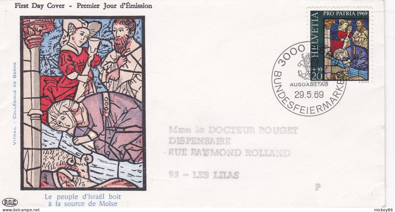 Suisse -- FDC --1969-- Le Peuple D'Israel Boit à La Source De Moise..Vitrail Collégiale De Berne..cachet  BERNE - FDC