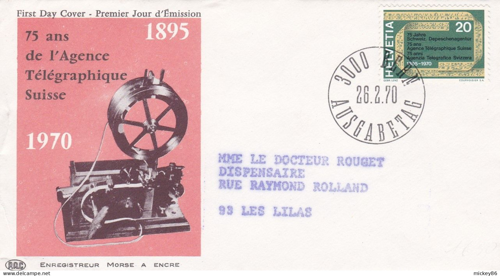 Suisse -- FDC --1970-- 75 Ans De L'Agence Télégraphique Suisse ...cachet  BERNE - FDC