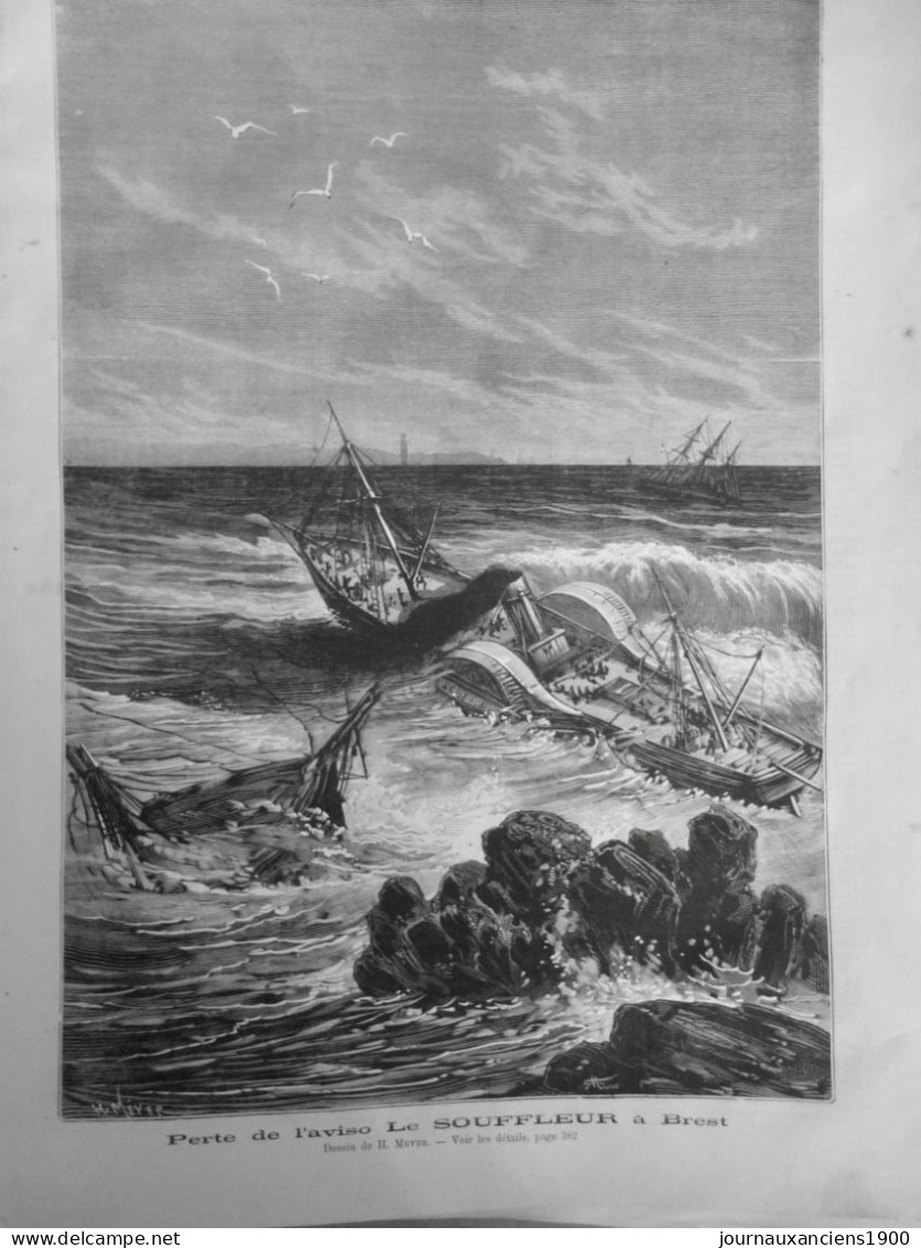 1875 BATEAU NAUFRAGE AVISO LE SOUFFLEUR BREST EPAVE DESSIN MEYER 1 JOURNAL ANCIEN - Historische Dokumente