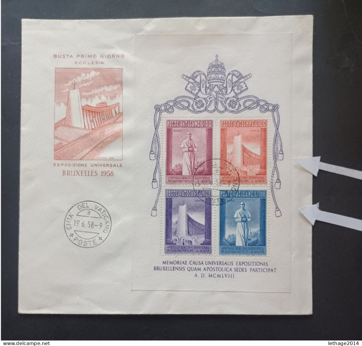 VATICANO 1958 EXPOSIZIONE INTERNAZIONALE DI BRUXELLES SHEET 92 CM X 152 CM ERROR CAT SASSONE N. 2a FDC - Cartas & Documentos