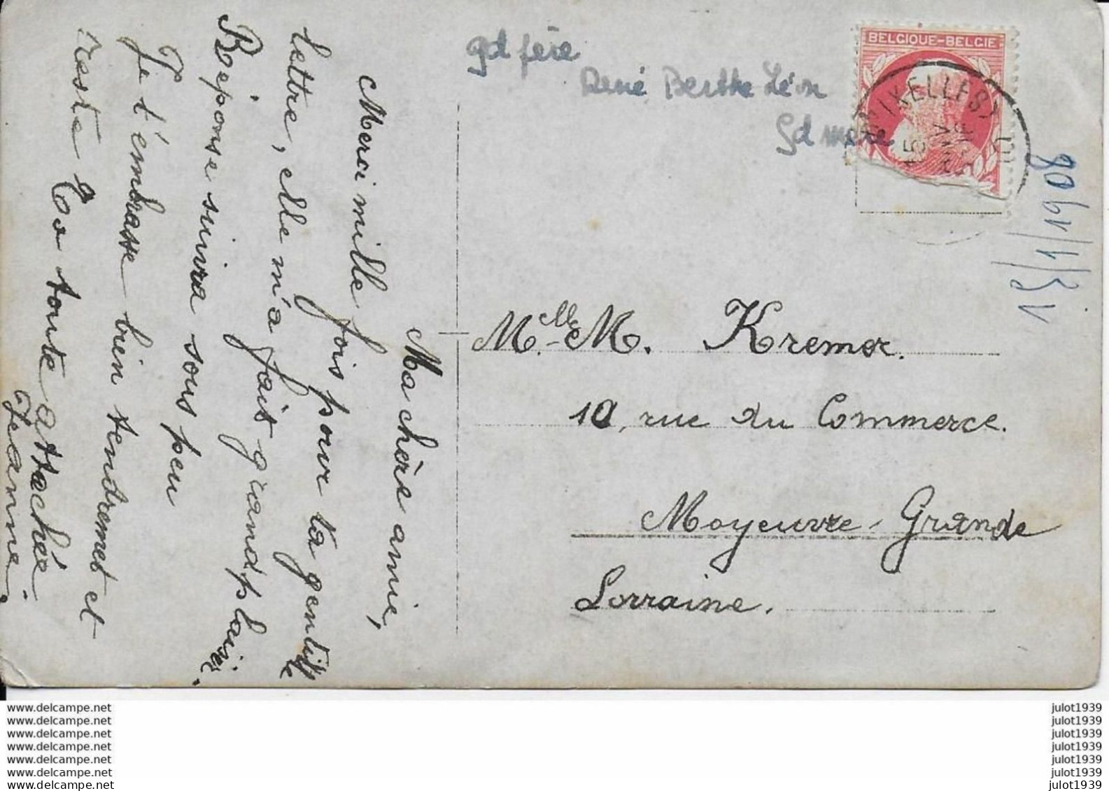 Julot1939 ...  ETTERBEEK  ..-- 15.01.1908 . Famille DETRY , MARCHANDS DE BOIS , Rue CRANZ ! . Voir Verso . - Etterbeek