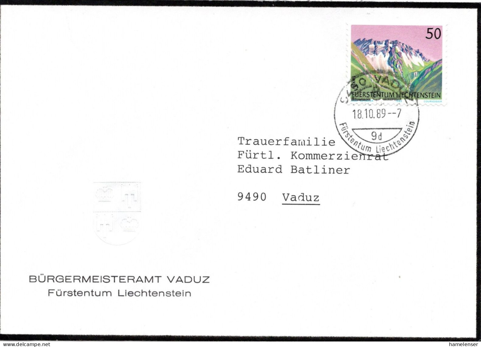 72698 - Liechtenstein - 1989 - 50Rp Berge EF A OrtsBf VADUZ - Storia Postale