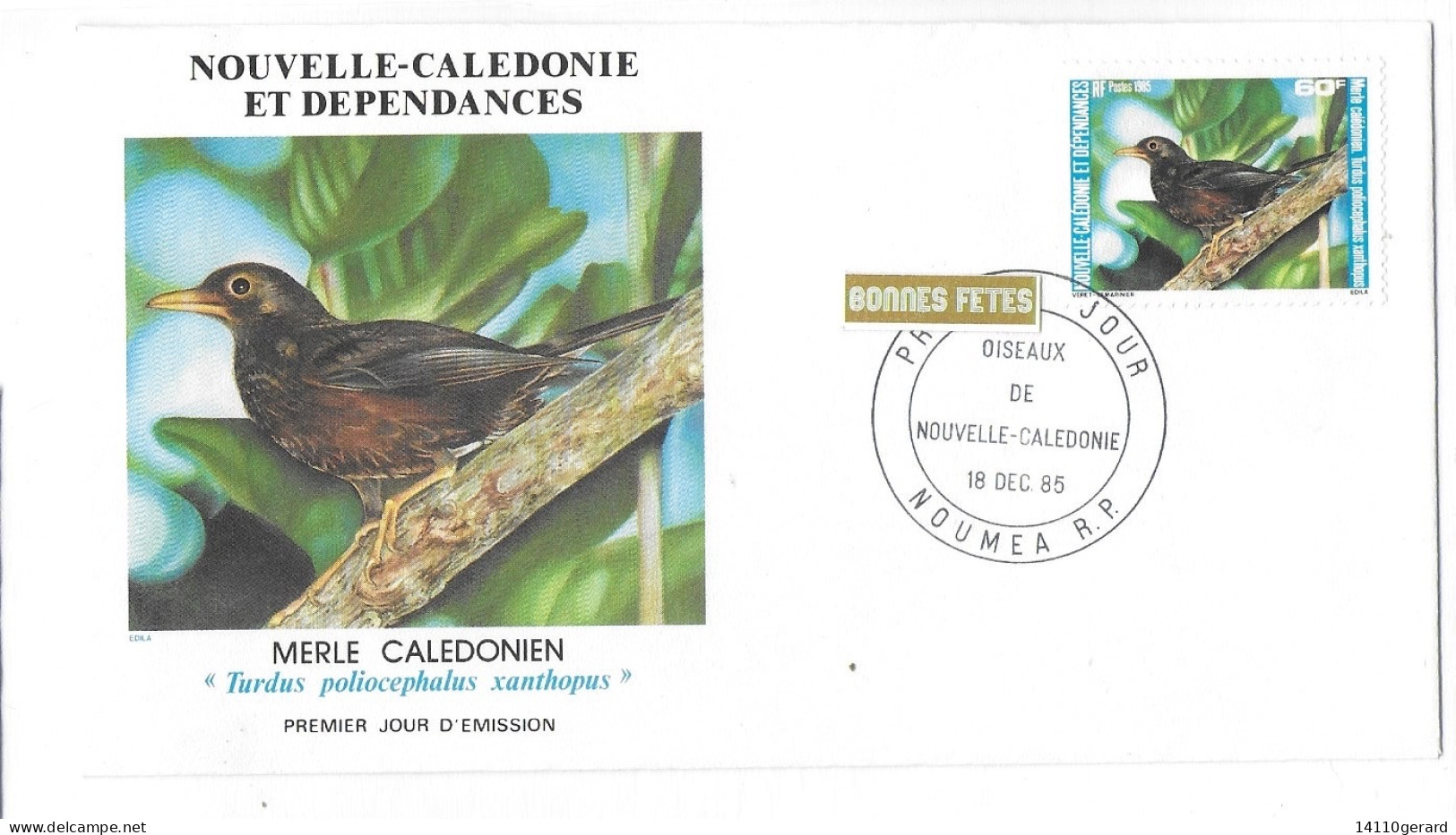 NOUVELLE -CALÉDONIE ET DÉPENDANCES  MERLE CALÉDONIEN  18 Décembre 1985 - Storia Postale