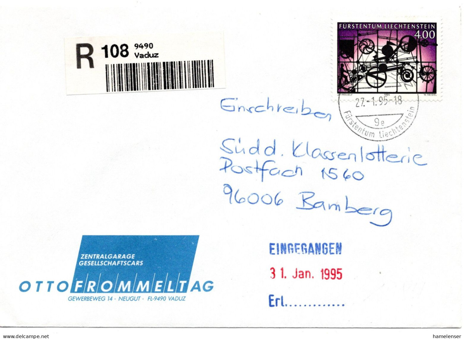 72699 - Liechtenstein - 1995 - 4,00Fr Skulptur EF A R-Bf VADUZ -> Deutschland - Covers & Documents