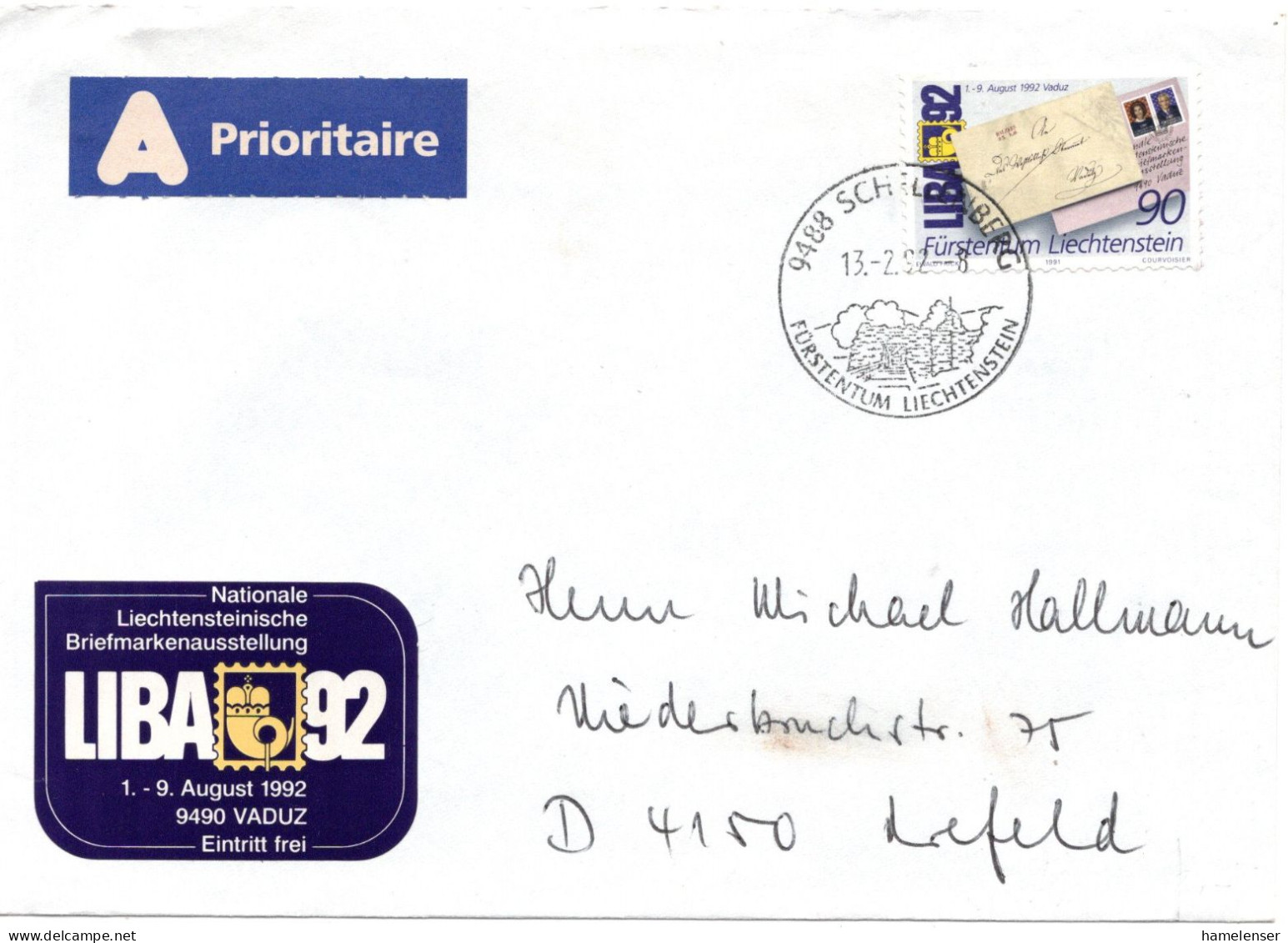 72701 - Liechtenstein - 1992 - 90Rp LIBA '92 EF A Bf SCHELLENBERG -> Deutschland - Lettres & Documents