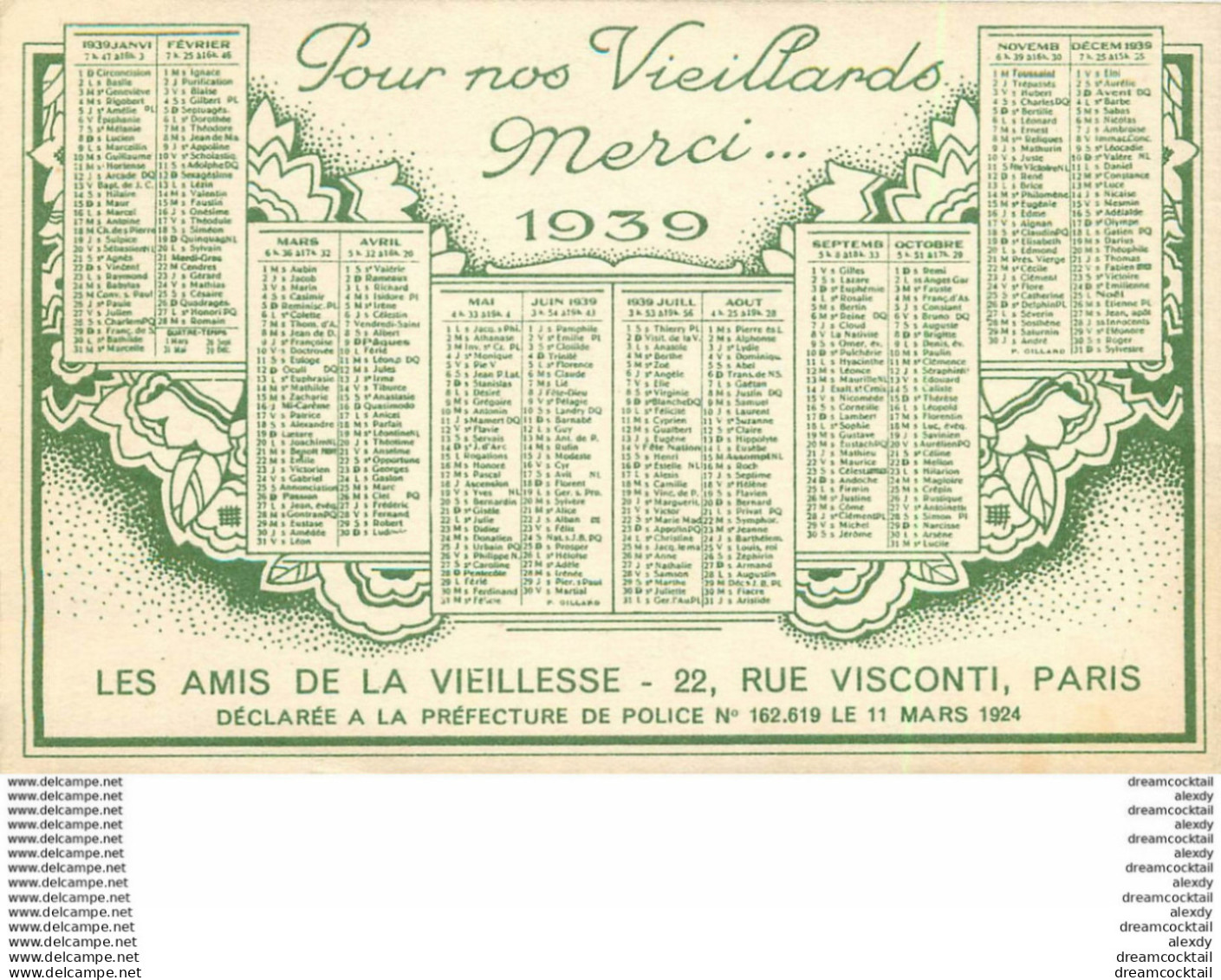 CALENDRIER 1939. Pour Nos Vieillards Merci. Les Amis De La Vieillesse 22 Rue Visconti Paris (format Cpa) - Petit Format : 1921-40