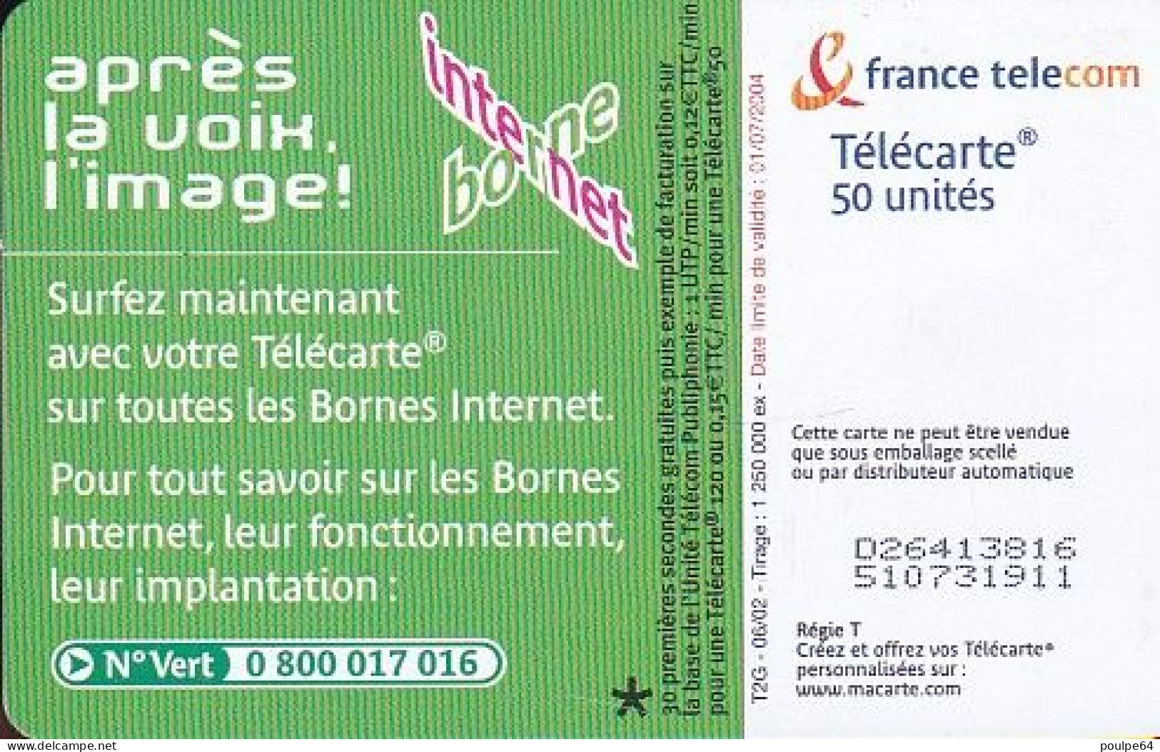 F1223A  06/2002 - BORNE INTERNET - SURF - 50 OB2 - (verso : N° Fins - Deux Lignes Alignées) - 2002