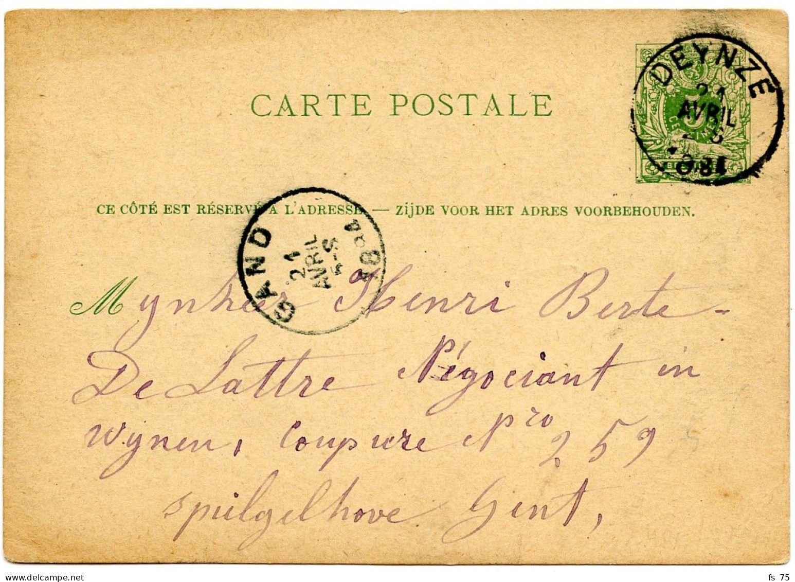 BELGIQUE -  ENTIER CARTE POSTALE 5C LION COUCHE SIMPLE CERCLE DEYNZE, 1884 - Cartes Postales 1871-1909