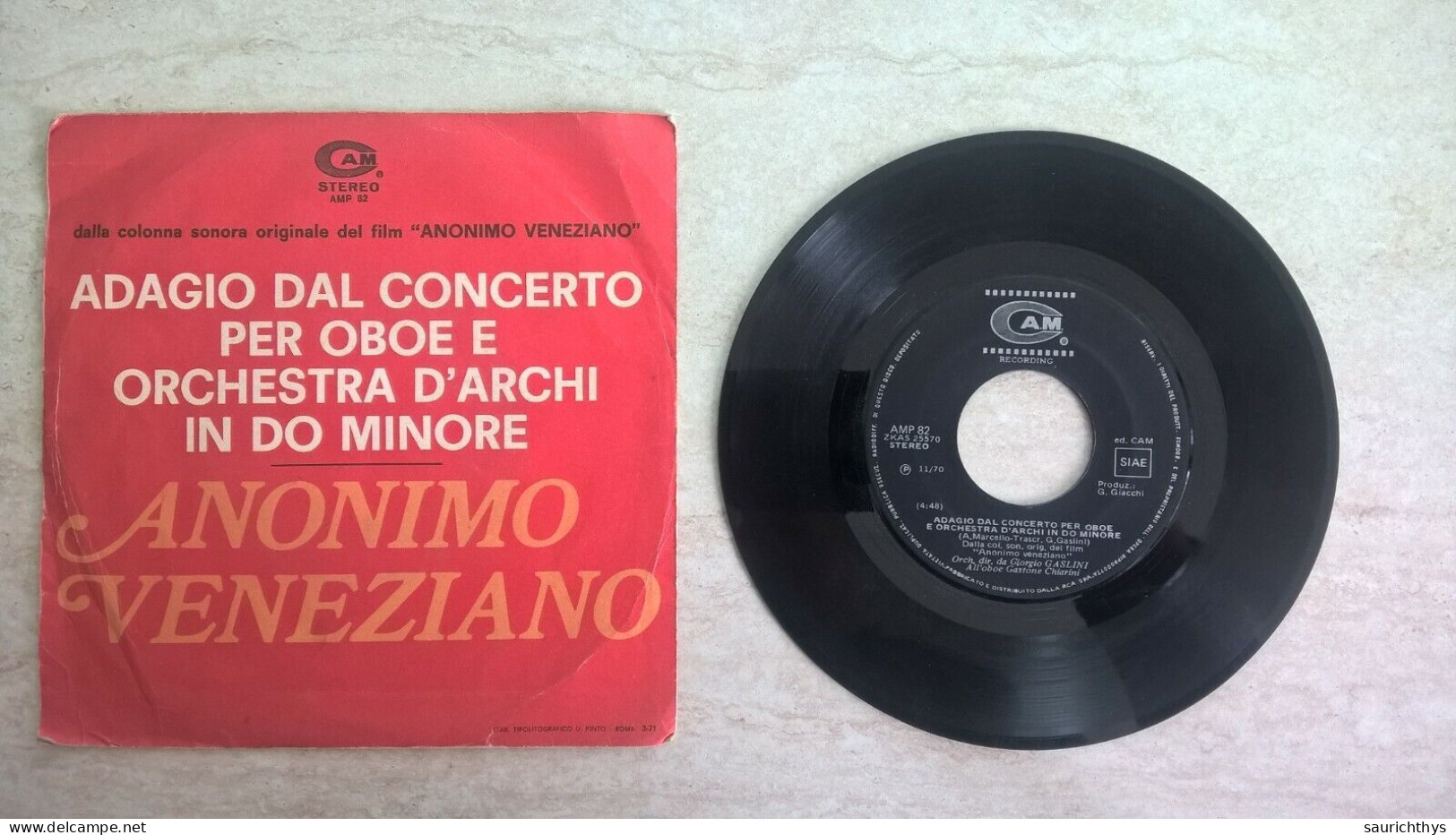 Vinile 45 Giri - Anonimo Veneziano Dalla Colonna Sonora Originale Del Film - Adagio Dal Concerto Per Oboe E Orchestra - Filmmusik