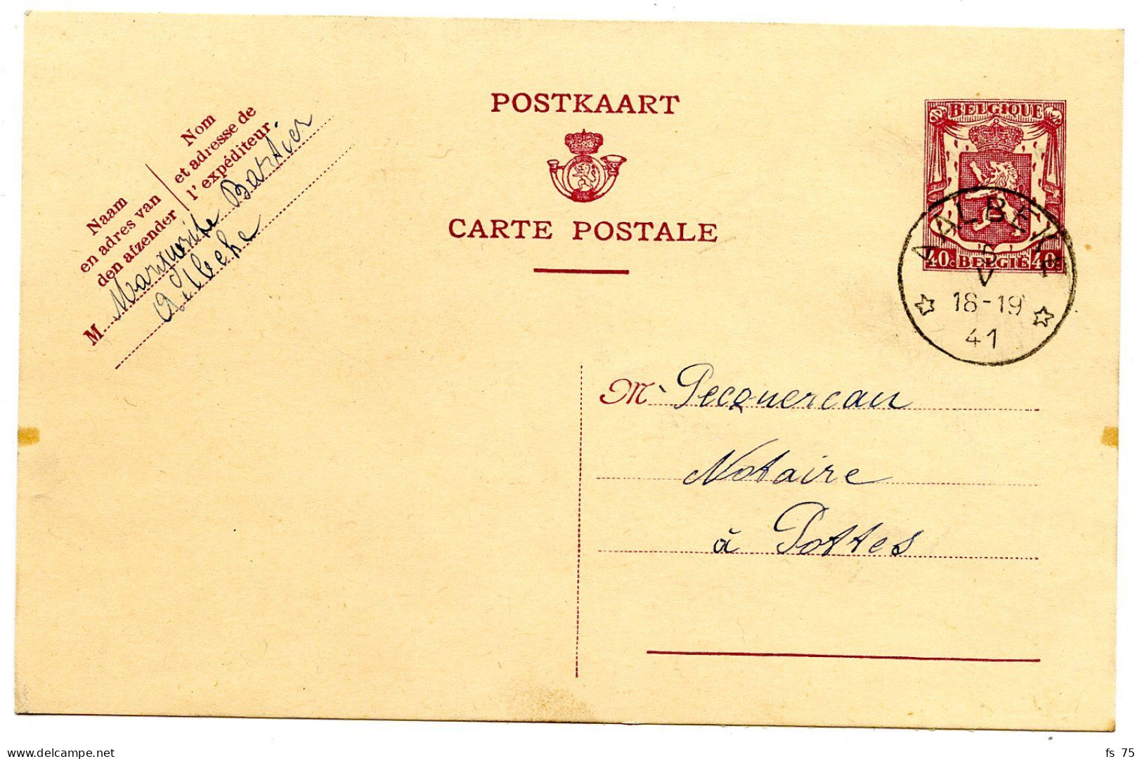 BELGIQUE - SIMPLE CERCLE RELAIS A ETOILES AALBEKE SUR ENTIER CARTE POSTALE 40C LION HERALDIQUE, 1941 - Cachets à étoiles