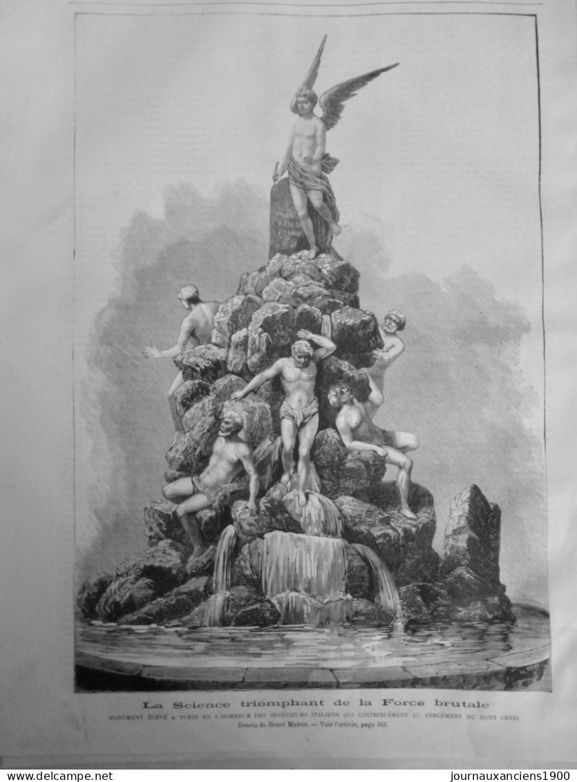 1879 MONUMENT STATUE SCIENCE FORCE TURIN INGENIEUR PERCEMENT MONT CENIS DESSIN MEYER 1 JOURNAL ANCIEN - Documenti Storici