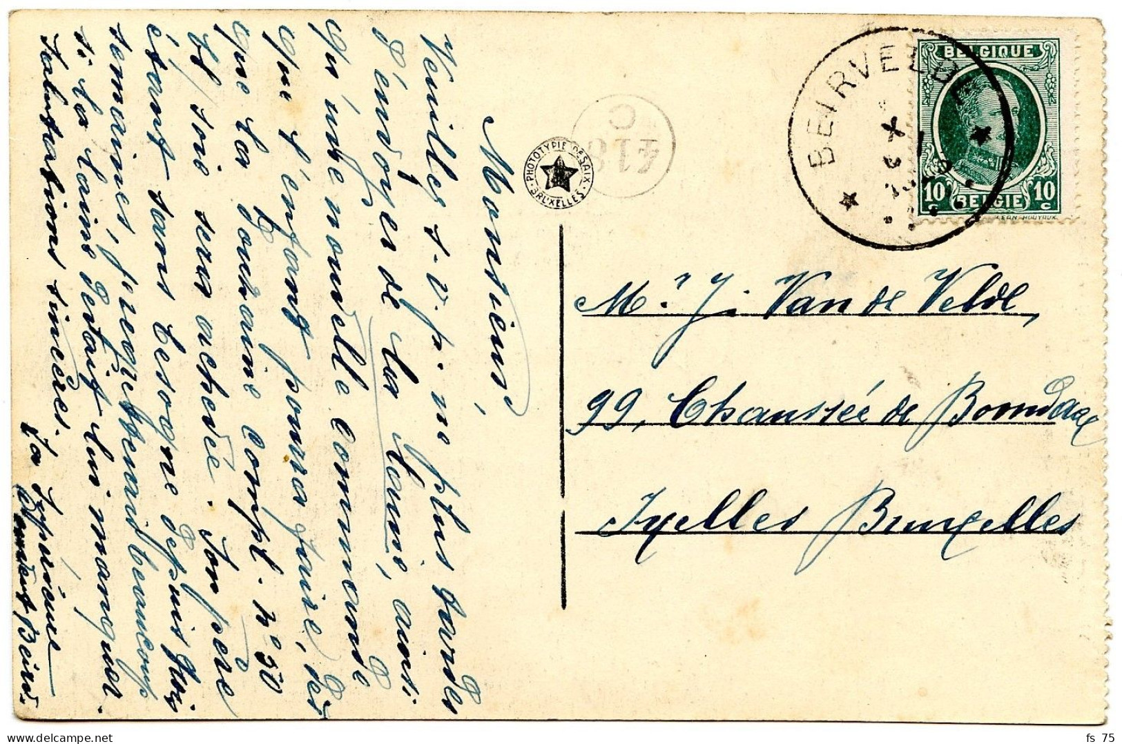 BELGIQUE - COB 194 SIMPLE CERCLE RELAIS A ETOILES BEIRVELDE SUR CARTE POSTALE, 1923 - Cachets à étoiles