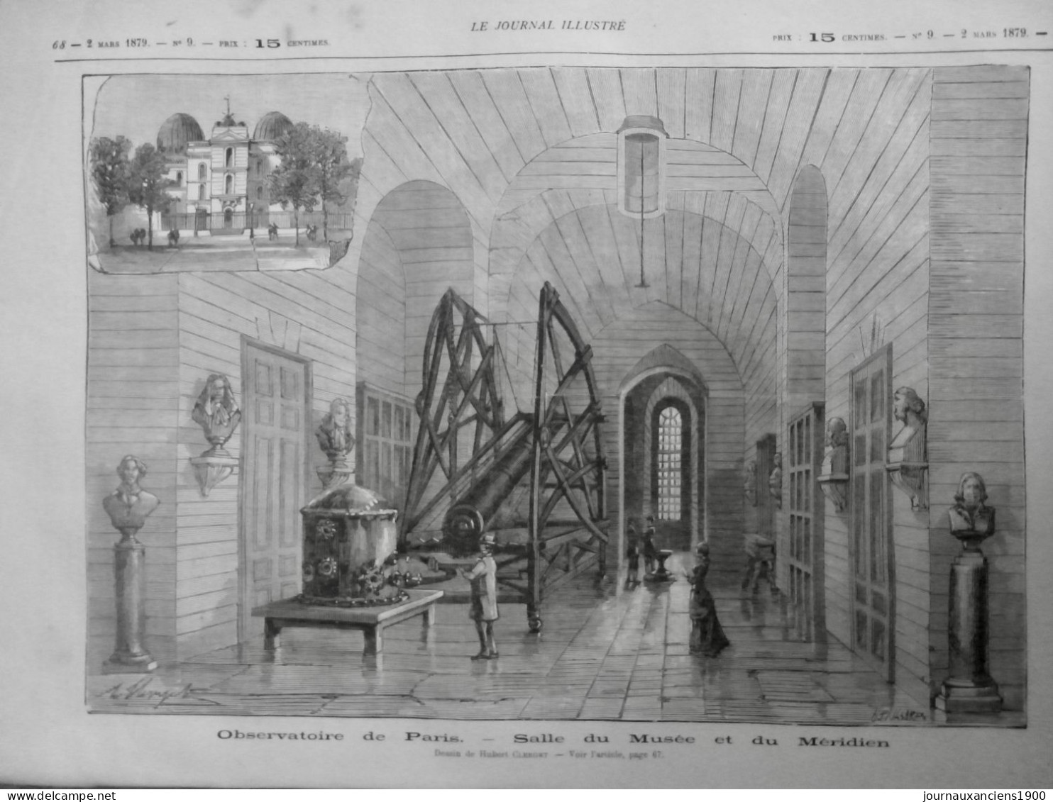 1879 OBSERVATOIRE PARIS SALLE MUSEE MERIDIEN TELESCOPE DESSIN CLERGET 1 JOURNAL ANCIEN - Documenti Storici