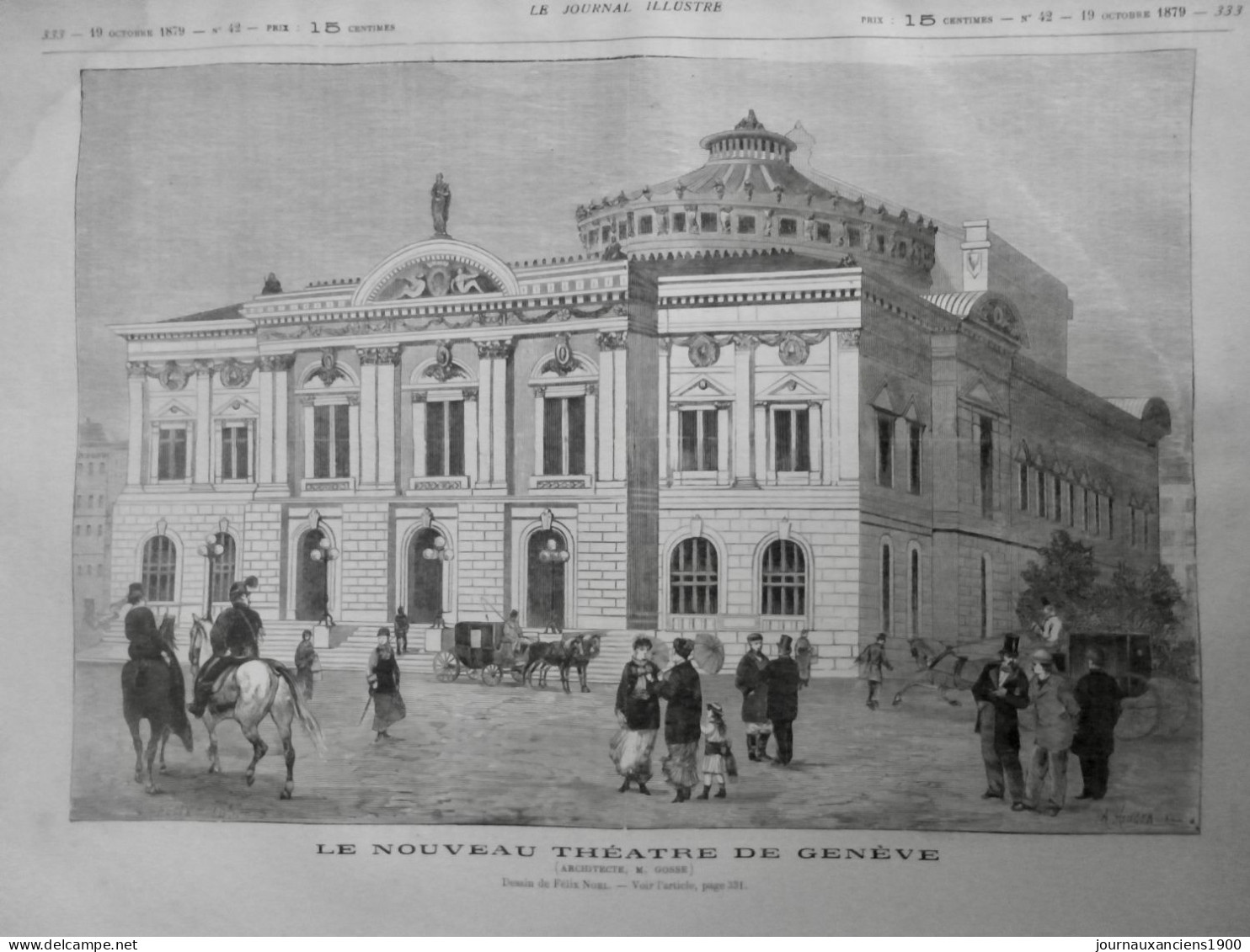 1879 GENEVE NOUVEAU THEATRE ARCHITECTE GOSSE DESSIN NOEL 1 JOURNAL ANCIEN - Documenti Storici