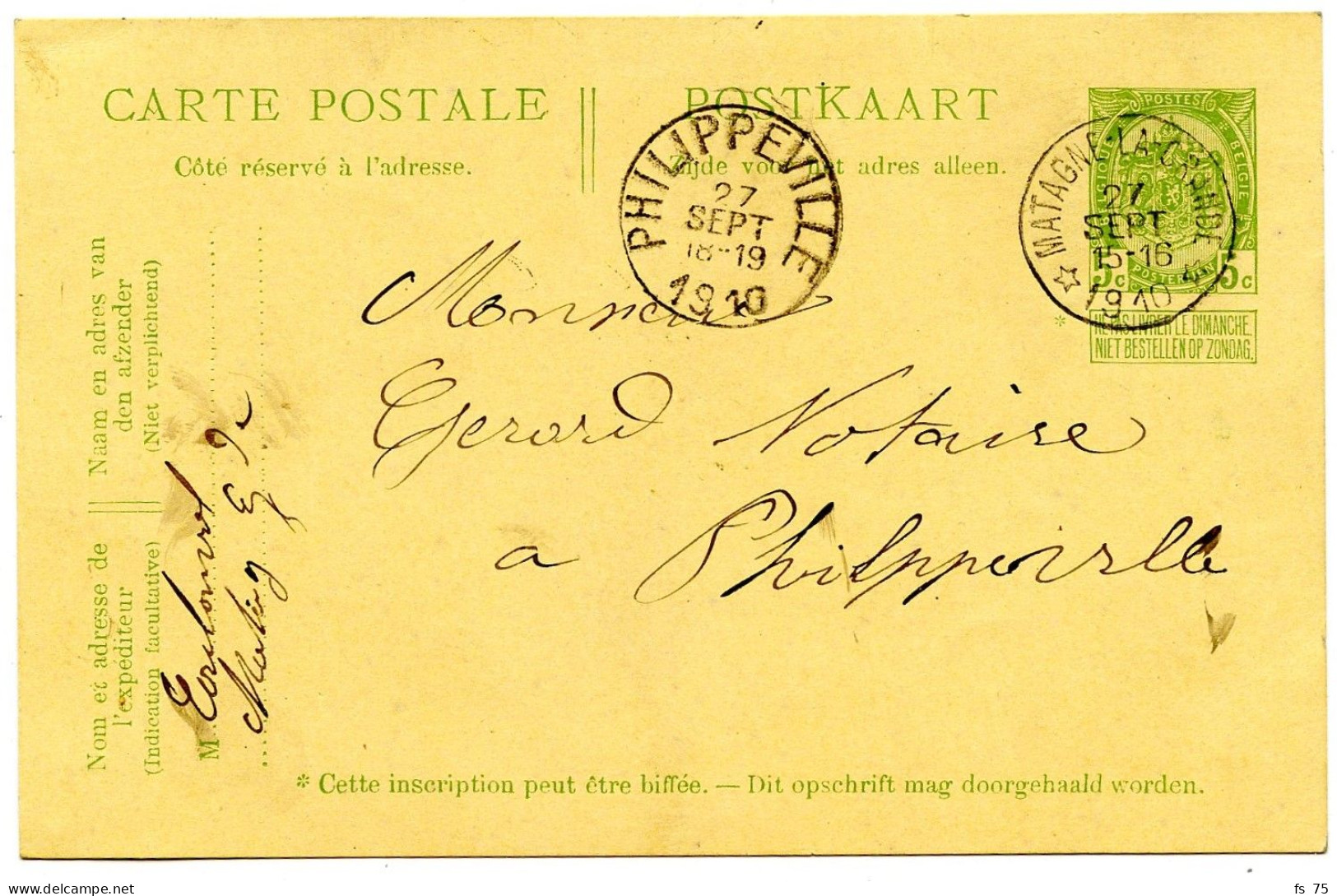 BELGIQUE - SIMPLE CERCLE RELAIS A ETOILES MATAGNE LA GRANDE SUR ENTIER CARTE POSTALE 5C ARMOIRIES, 1910 - Cachets à étoiles