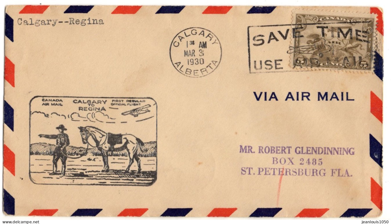 CANADA LETTRE ILLUSTREE PREMIER VOL CALGARY REGINA  3 3 1930 OBLITEREE FAUNE MAMMIFERE CHEVAL - Airmail