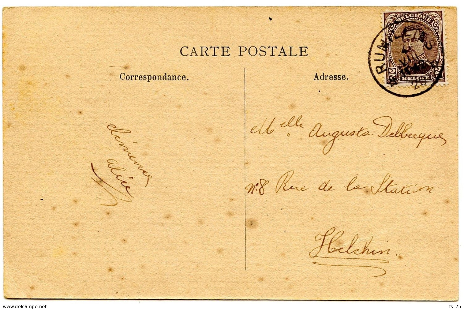 BELGIQUE - COB 136 SIMPLE CERCLE RELAIS A ETOILES RUMILLIES SUR CARTE POSTALE, 1920 - Cachets à étoiles