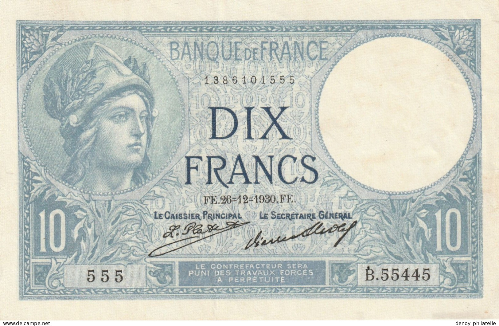 France Billet De 10 Franc MINERVE SPL Pas De Trous , Un Pli Central Et Deux Plis En Bas A Gauche - 10 F 1916-1942 ''Minerve''